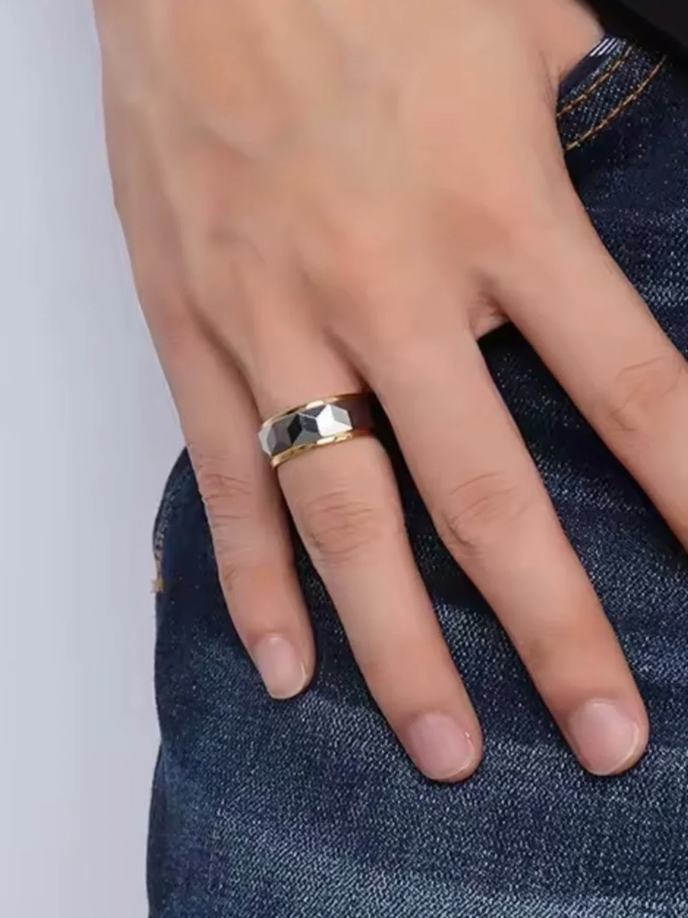 Wide Faceted Cut Geometric Tungsten Carbide Wedding Rings For Men